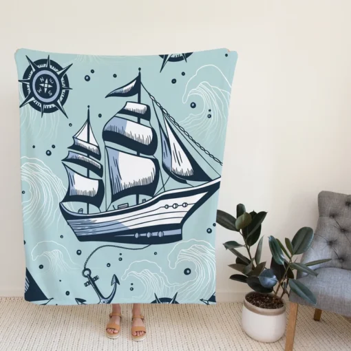 Vintage Ship Nautical Compass Fleece Blanket