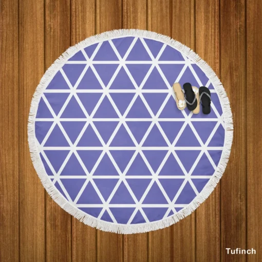 Violet Blue Triangle On White Round Beach Towel