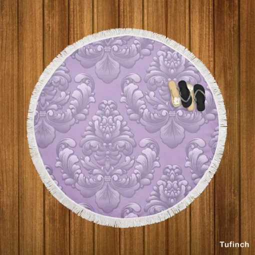 Violet Damask Pattern Round Beach Towel