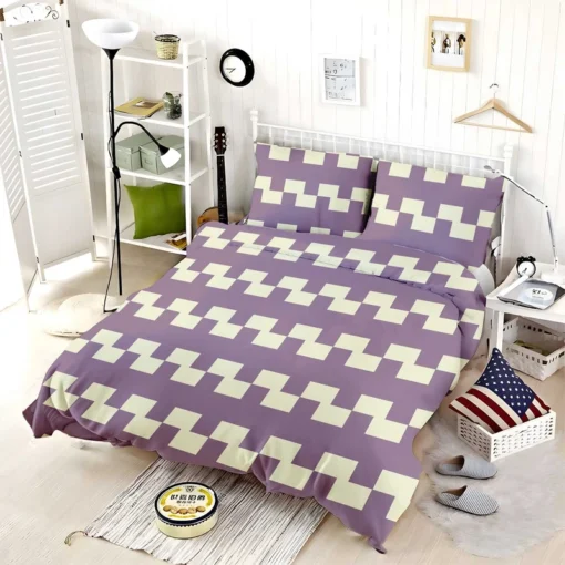 Violet White Checkered Pattern Bedding Set