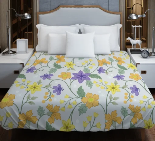 Violet Yellow Orange Floral Design Duvet Cover