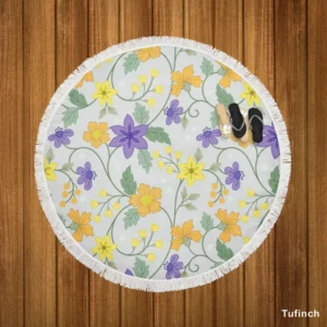 Violet Yellow Orange Floral Design Round Beach Towel