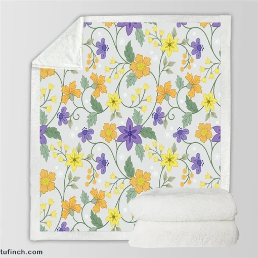 Violet Yellow Orange Floral Design Sherpa Fleece Blanket