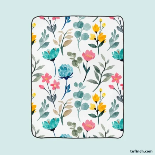 Watercolor Colorful Flowers Fleece Blanket 1