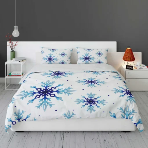 Watercolor Dark blue To Light Blue Snowflakes Bedding Set 1