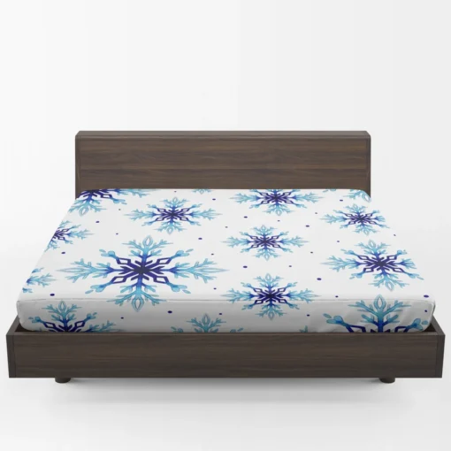 Watercolor Dark blue To Light Blue Snowflakes Fitted Sheet 1