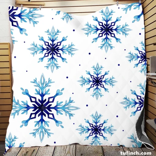 Watercolor Dark blue To Light Blue Snowflakes Quilt Blanket