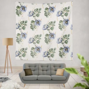 Watercolor Floral Pattern in Light Indigo Blue Wall Tapestry