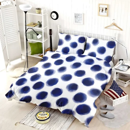 Watercolor Navy Blue Polka Dots Bedding Set