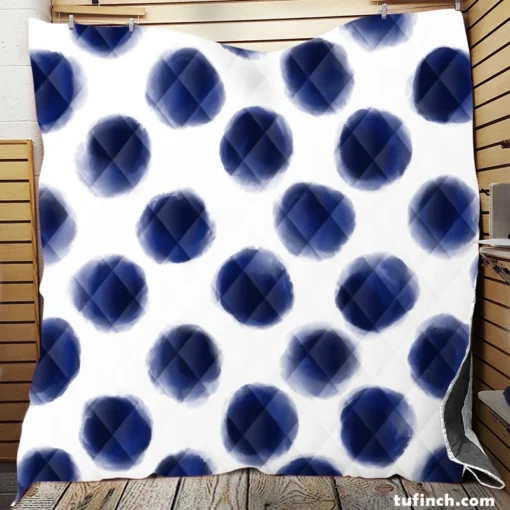 Watercolor Navy Blue Polka Dots Quilt Blanket