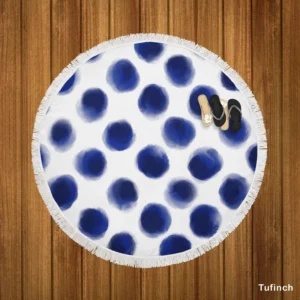 Watercolor Navy Blue Polka Dots Round Beach Towel