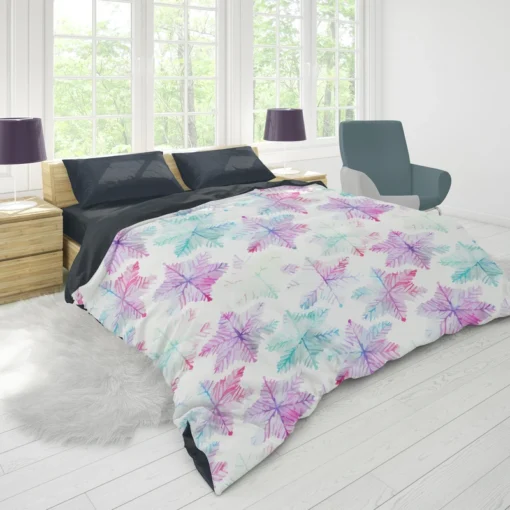 Watercolor Pink Purple Blue Snowflakes Duvet Cover 1