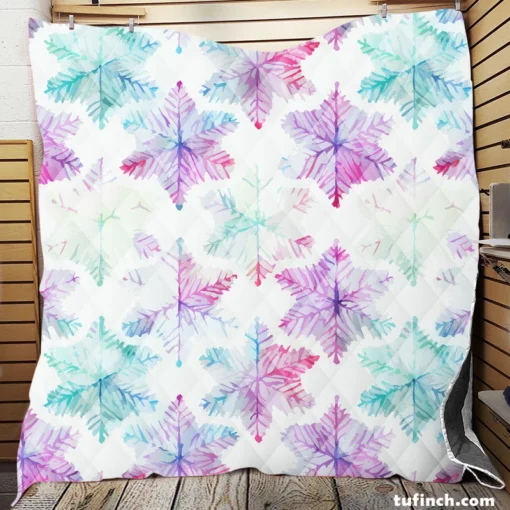 Watercolor Pink Purple Blue Snowflakes Quilt Blanket