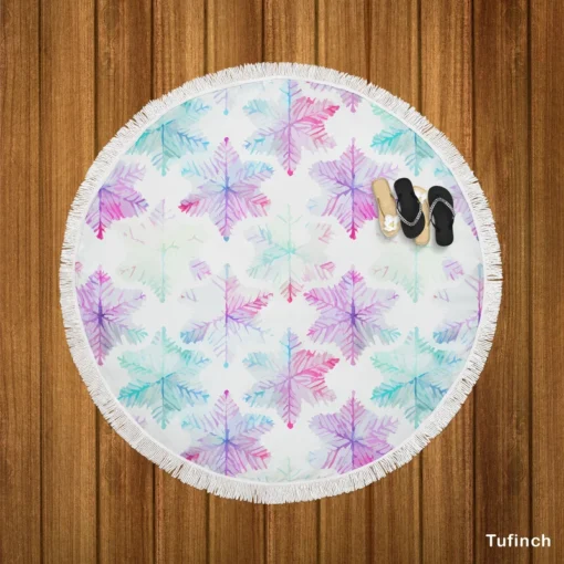 Watercolor Pink Purple Blue Snowflakes Round Beach Towel