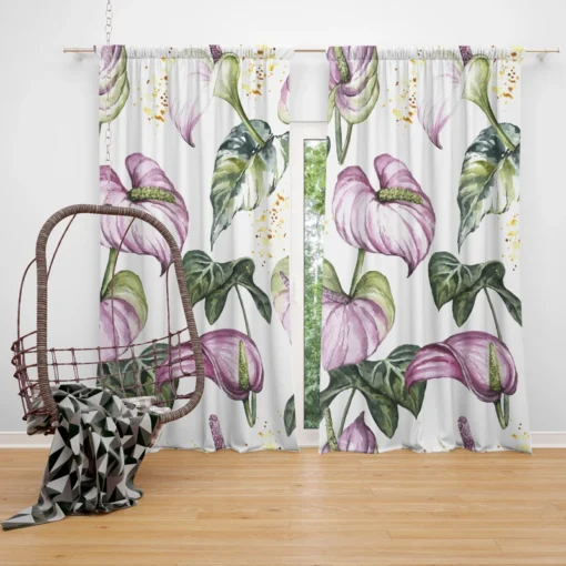 Watercolor Tropical Flowers Pattern in Lilac Purple Curtain