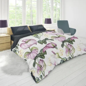 Watercolor Tropical Flowers Pattern in Lilac Purple Duvet Cover 1