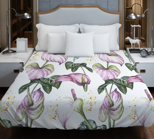 Watercolor Tropical Flowers Pattern in Lilac Purple Duvet Cover