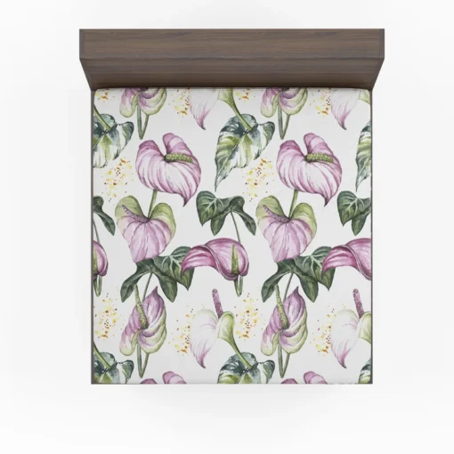 Watercolor Tropical Flowers Pattern in Lilac Purple Fitted Sheet