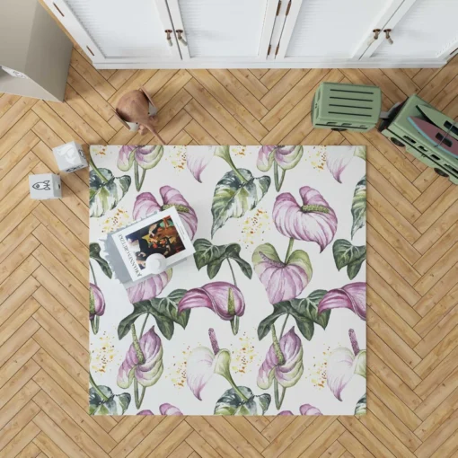 Watercolor Tropical Flowers Pattern in Lilac Purple Rug