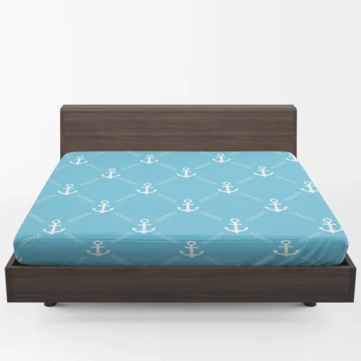 White Anchor Pattern In Turquoise Blue Fitted Sheet 1