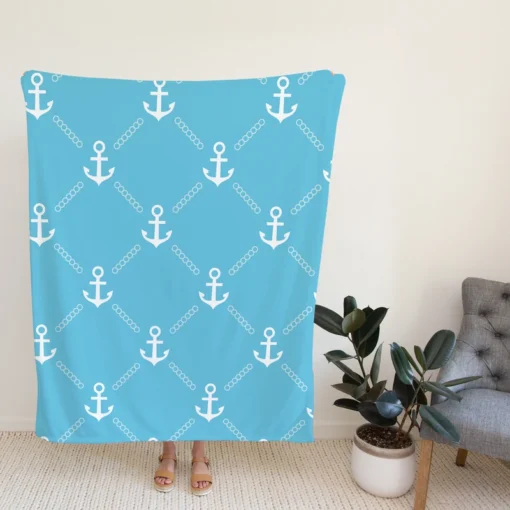 White Anchor Pattern In Turquoise Blue Fleece Blanket