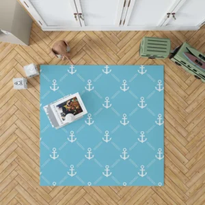 White Anchor Pattern In Turquoise Blue Rug