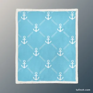 White Anchor Pattern In Turquoise Blue Sherpa Fleece Blanket 1