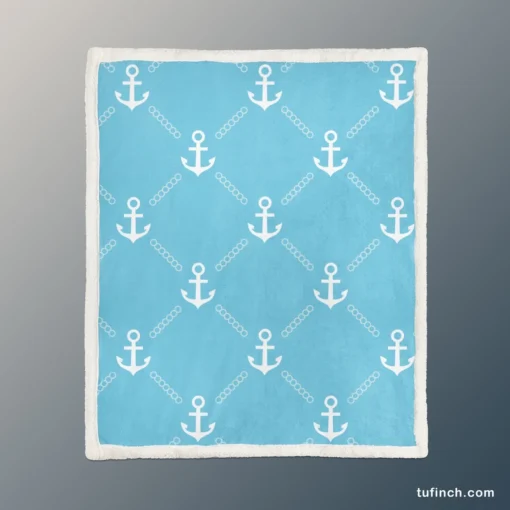 White Anchor Pattern In Turquoise Blue Sherpa Fleece Blanket 1