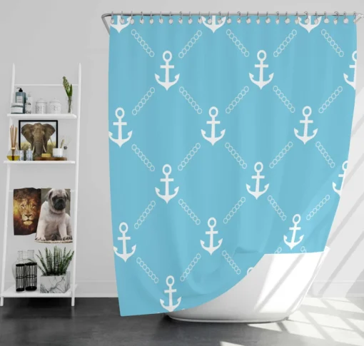 White Anchor Pattern In Turquoise Blue Shower Curtain