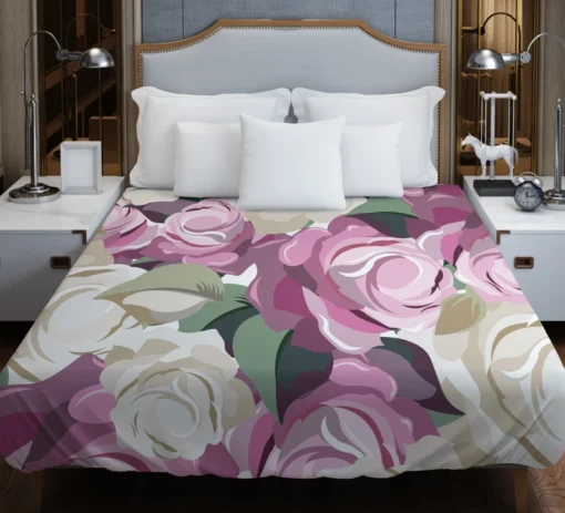 White And Pink Poppy Roses Duvet Cover