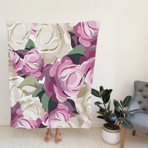 White And Pink Poppy Roses Fleece Blanket