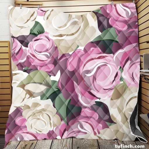 White And Pink Poppy Roses Quilt Blanket