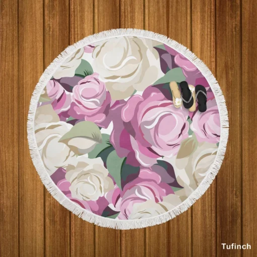 White And Pink Poppy Roses Round Beach Towel