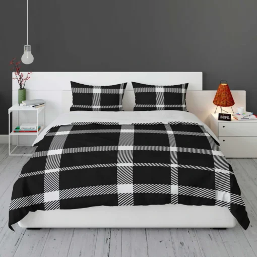 White Black Tartan Plait Scottish Bedding Set 1