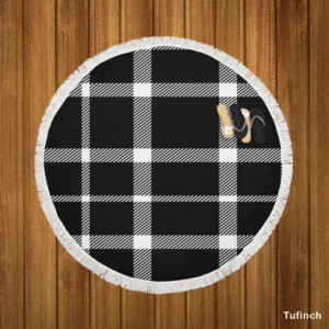 White Black Tartan Plait Scottish Round Beach Towel