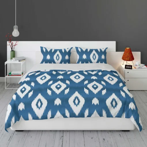 White Blue Eccentric Ikat Bedding Set 1