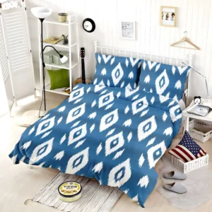 White Blue Eccentric Ikat Bedding Set