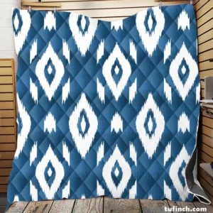 White Blue Eccentric Ikat Quilt Blanket