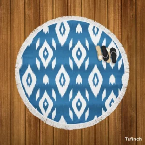 White Blue Eccentric Ikat Round Beach Towel