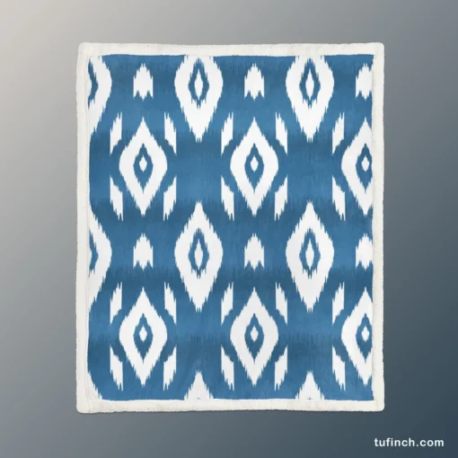 White Blue Eccentric Ikat Sherpa Fleece Blanket 1