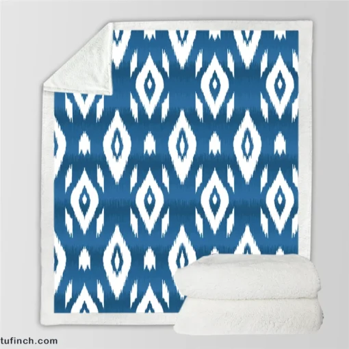 White Blue Eccentric Ikat Sherpa Fleece Blanket