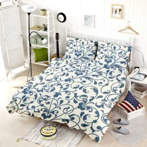 White Blue Floral Damask Bedding Set