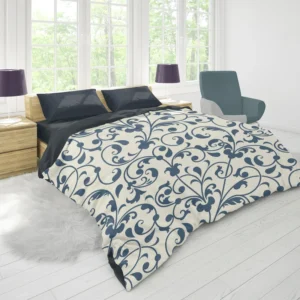 White Blue Floral Damask Duvet Cover 1