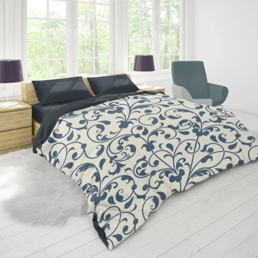 White Blue Floral Damask Duvet Cover 1