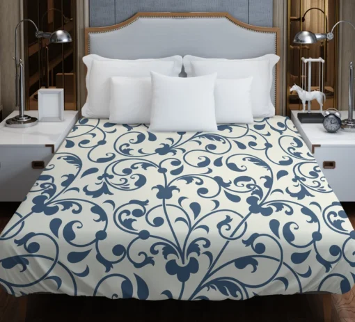 White Blue Floral Damask Duvet Cover