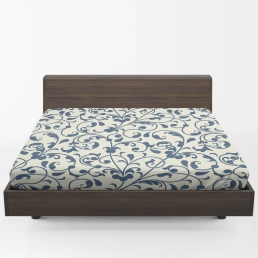 White Blue Floral Damask Fitted Sheet 1