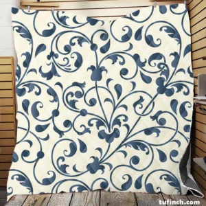 White Blue Floral Damask Quilt Blanket