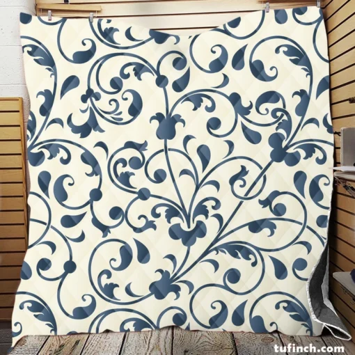 White Blue Floral Damask Quilt Blanket