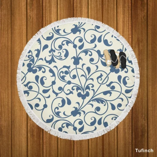 White Blue Floral Damask Round Beach Towel