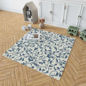 White Blue Floral Damask Rug 1